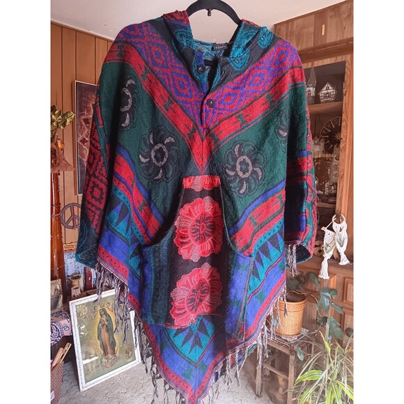 Hippie boho bright color pull over ponch with hood one size mandala flowers - Picture 1 of 2